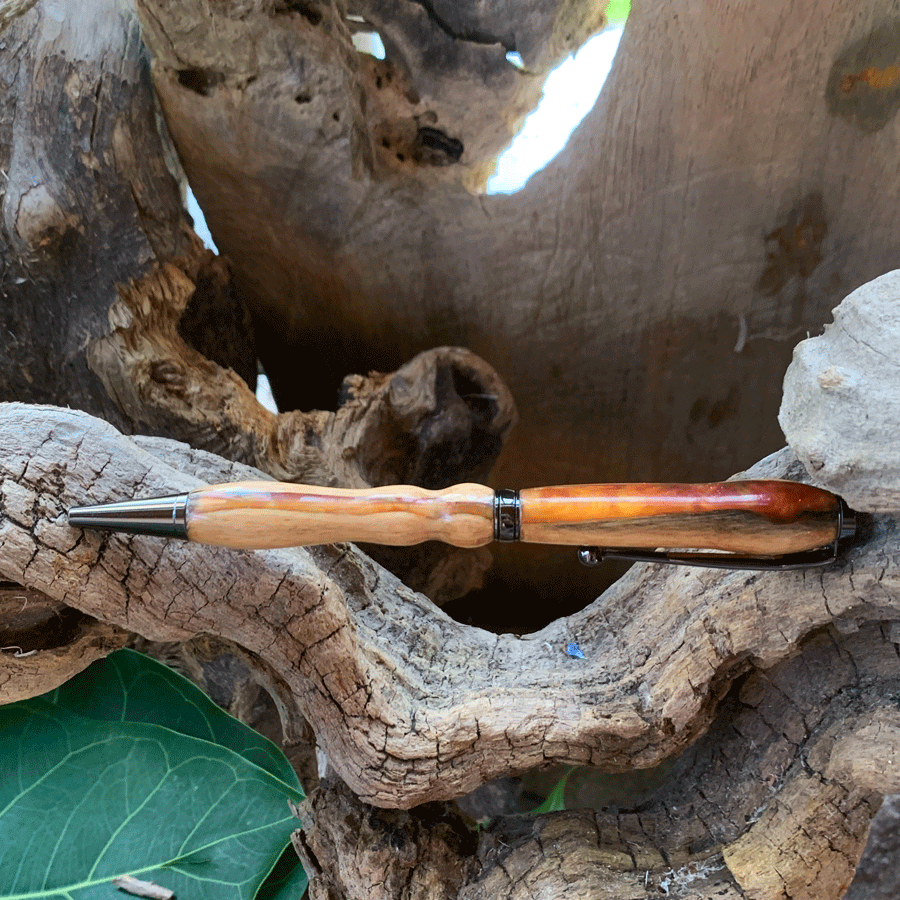 Driftwood and yellow and red resin pen