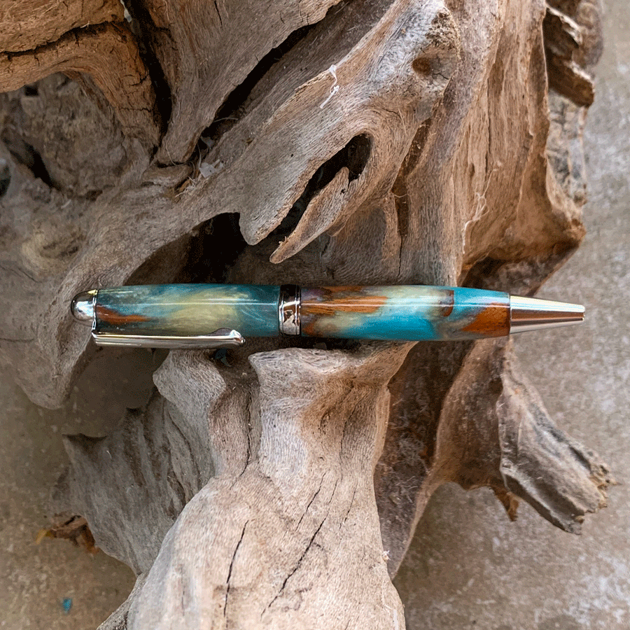 Driftwood and white and blue resin pen