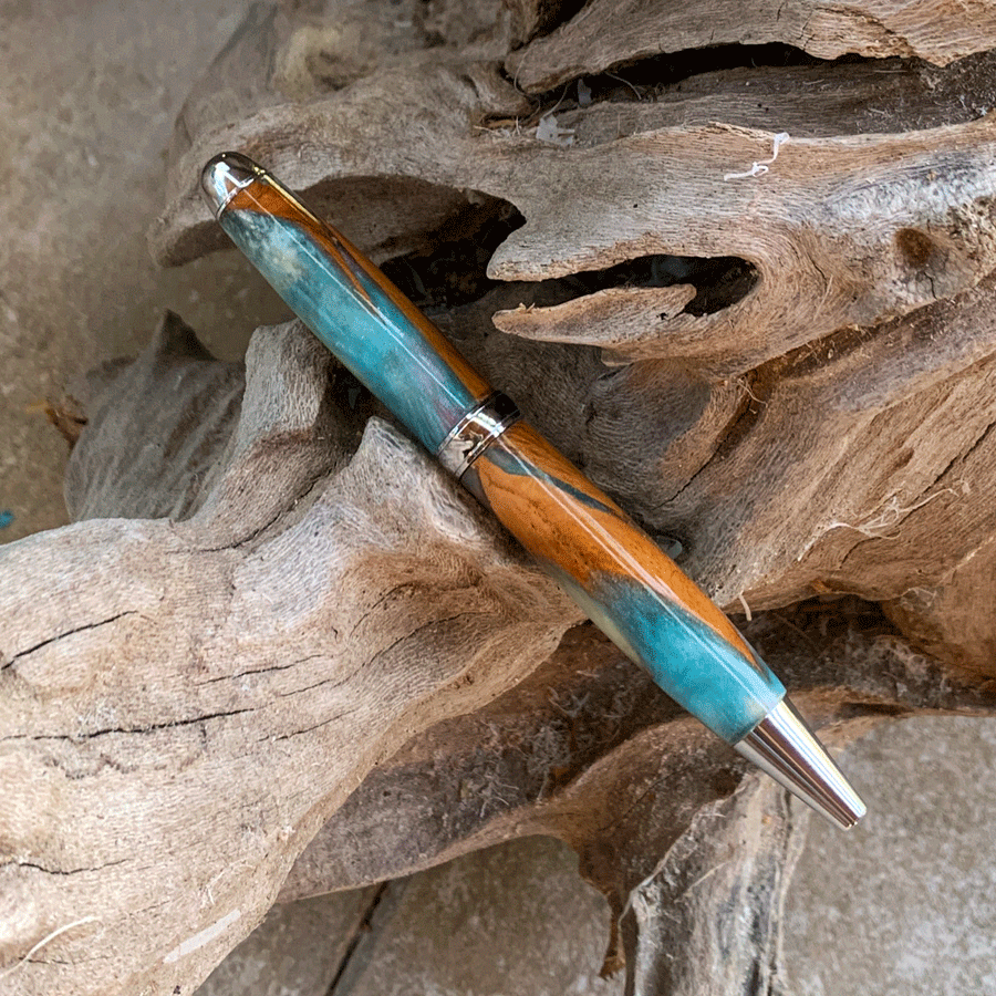 Driftwood and white and blue resin pen