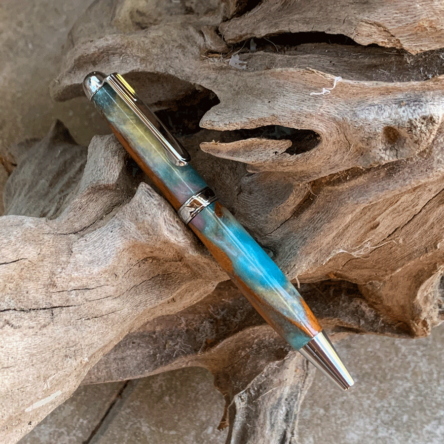 Driftwood and white and blue resin pen