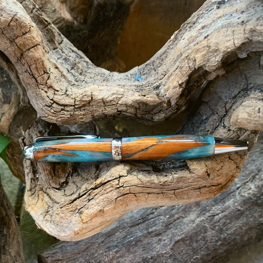 Driftwood and white and blue resin pen