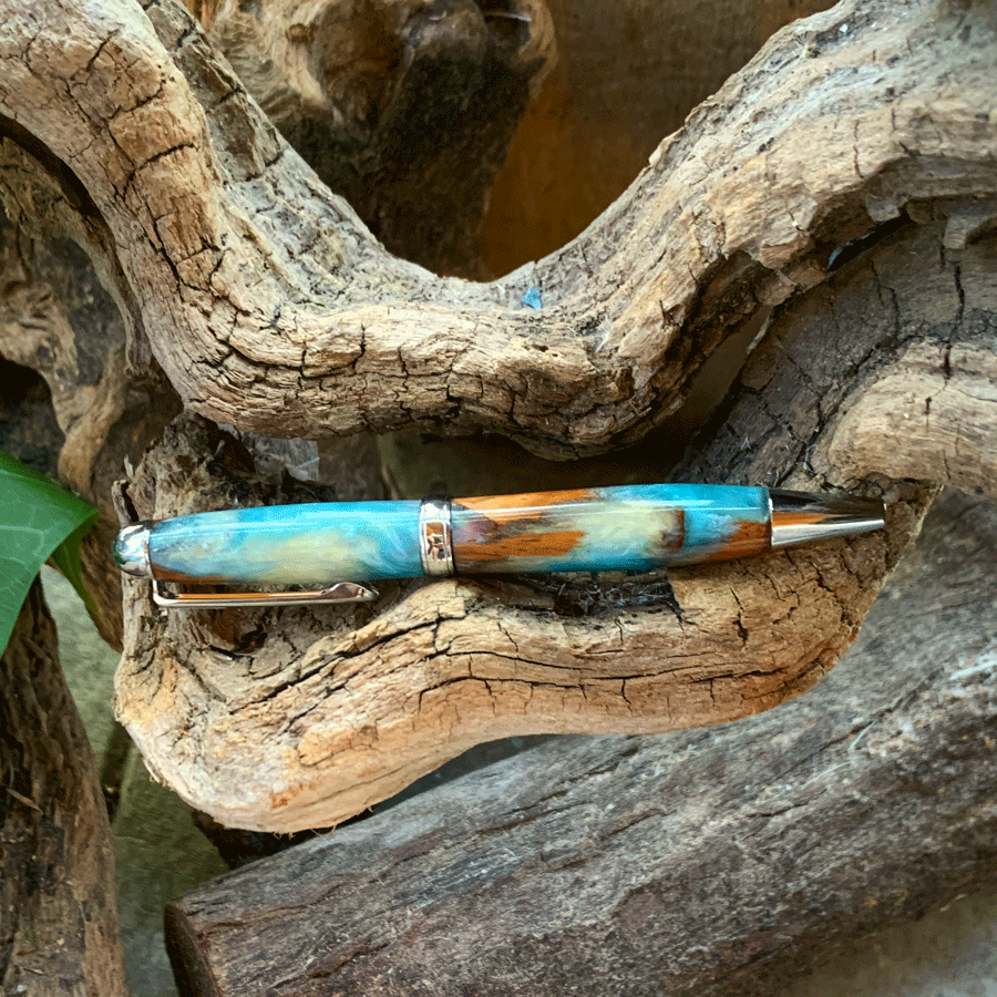 Driftwood and white and blue resin pen