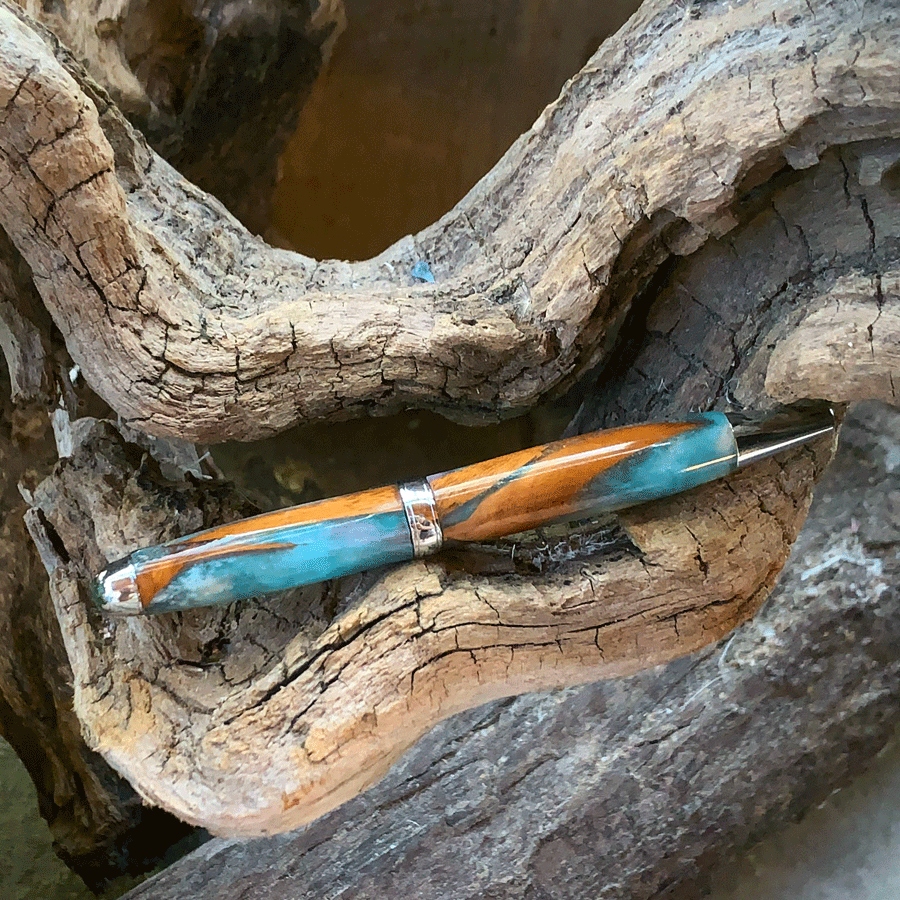 Driftwood and white and blue resin pen