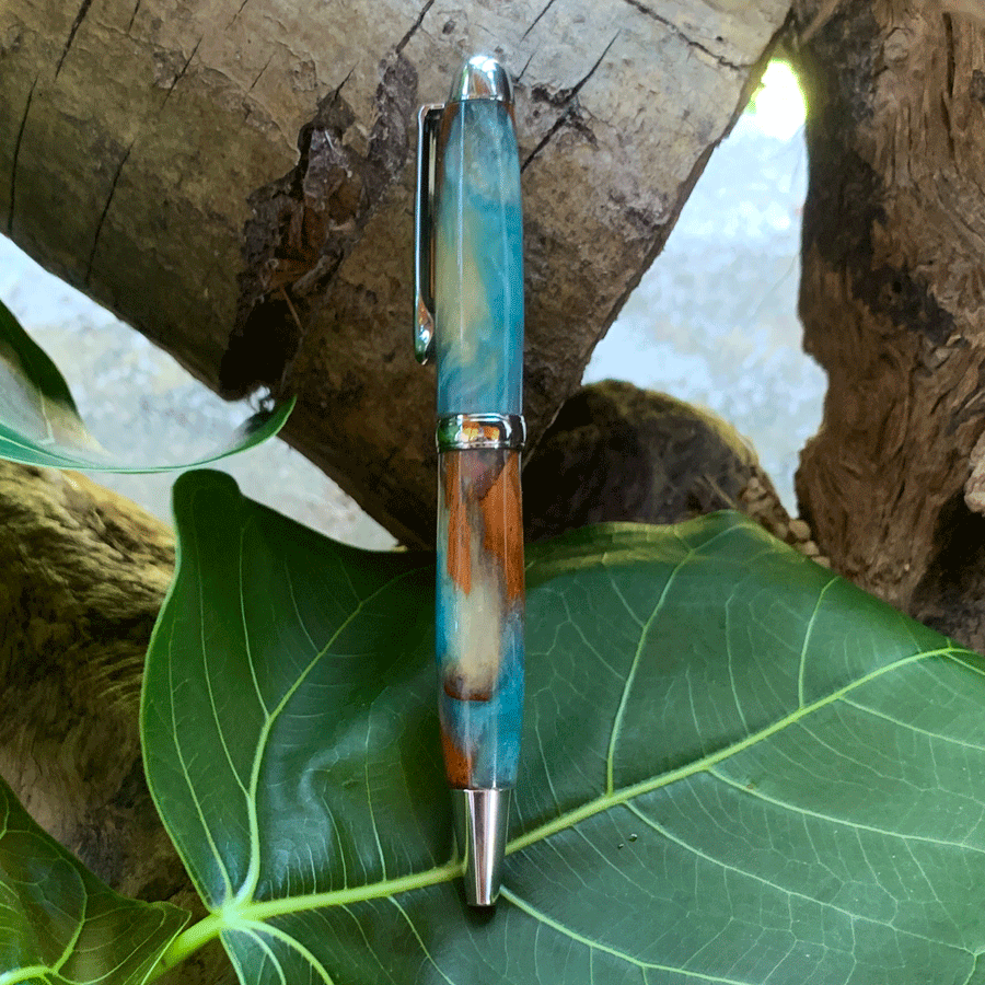 Driftwood and white and blue resin pen