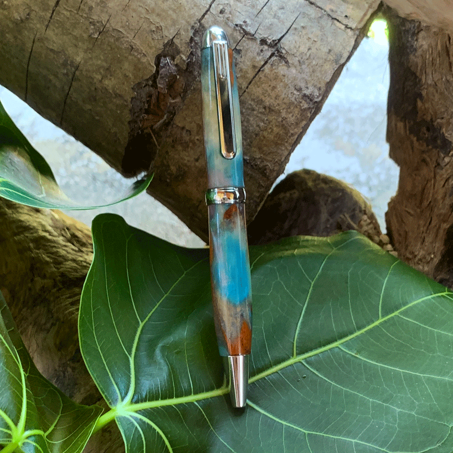 Driftwood and white and blue resin pen