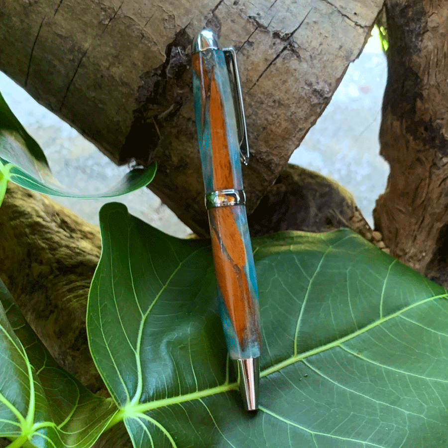 Driftwood and white and blue resin pen