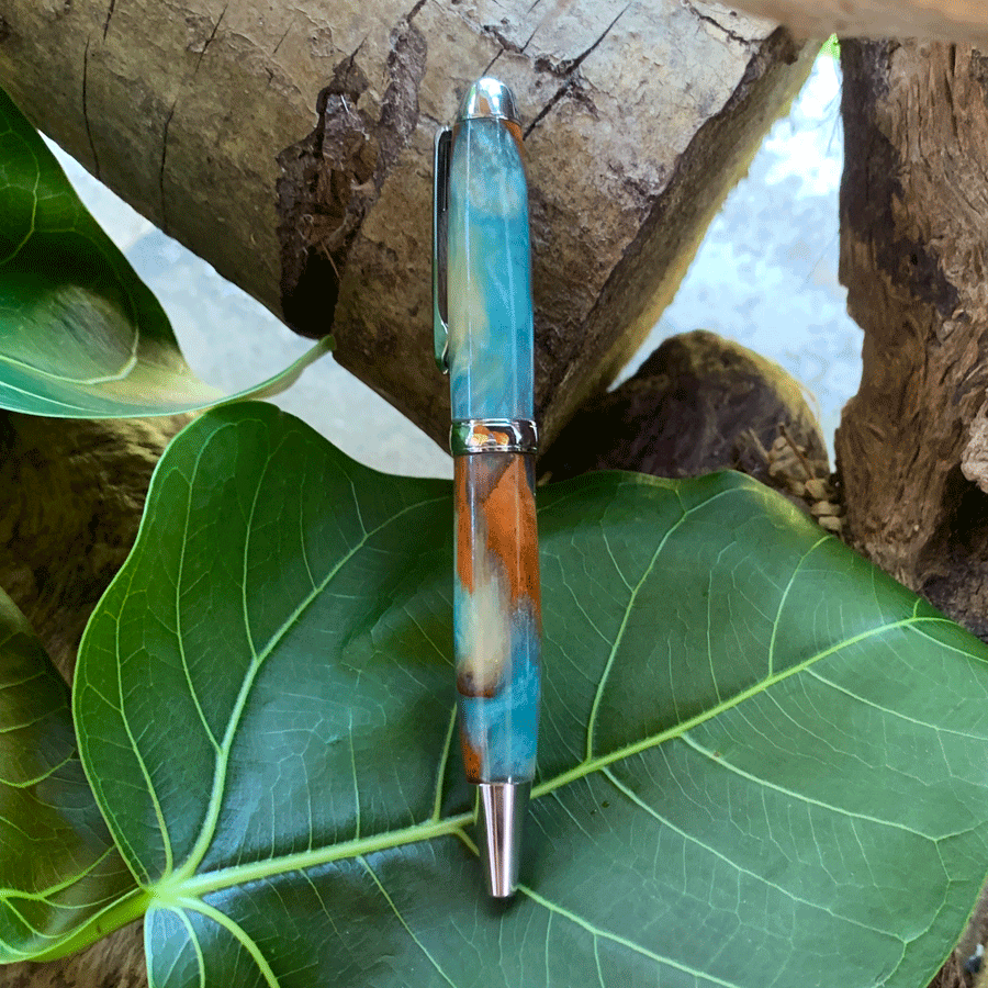 Driftwood and white and blue resin pen