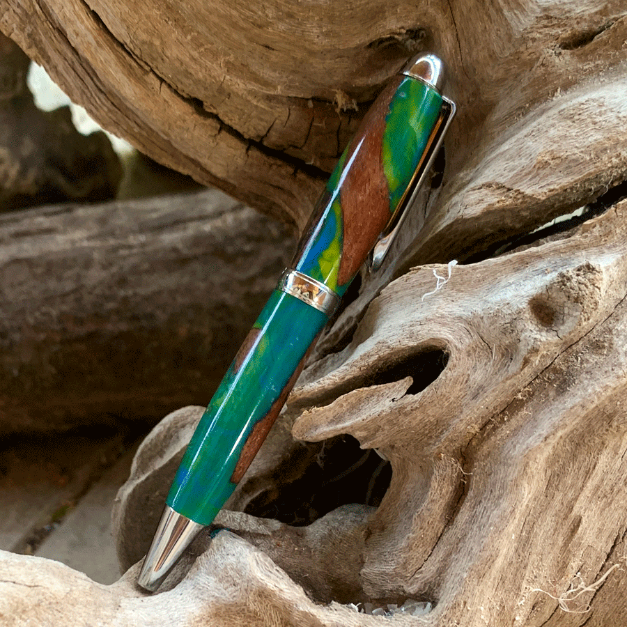 Driftwood and green and yellow resin pen