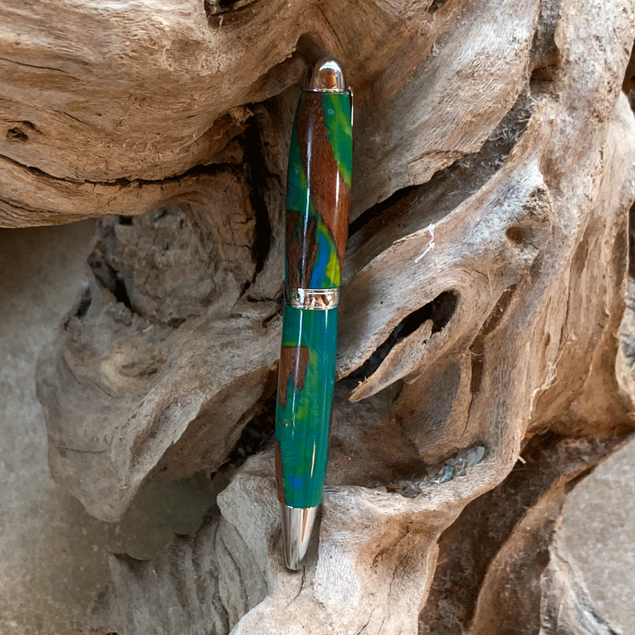 Driftwood and green and yellow resin pen