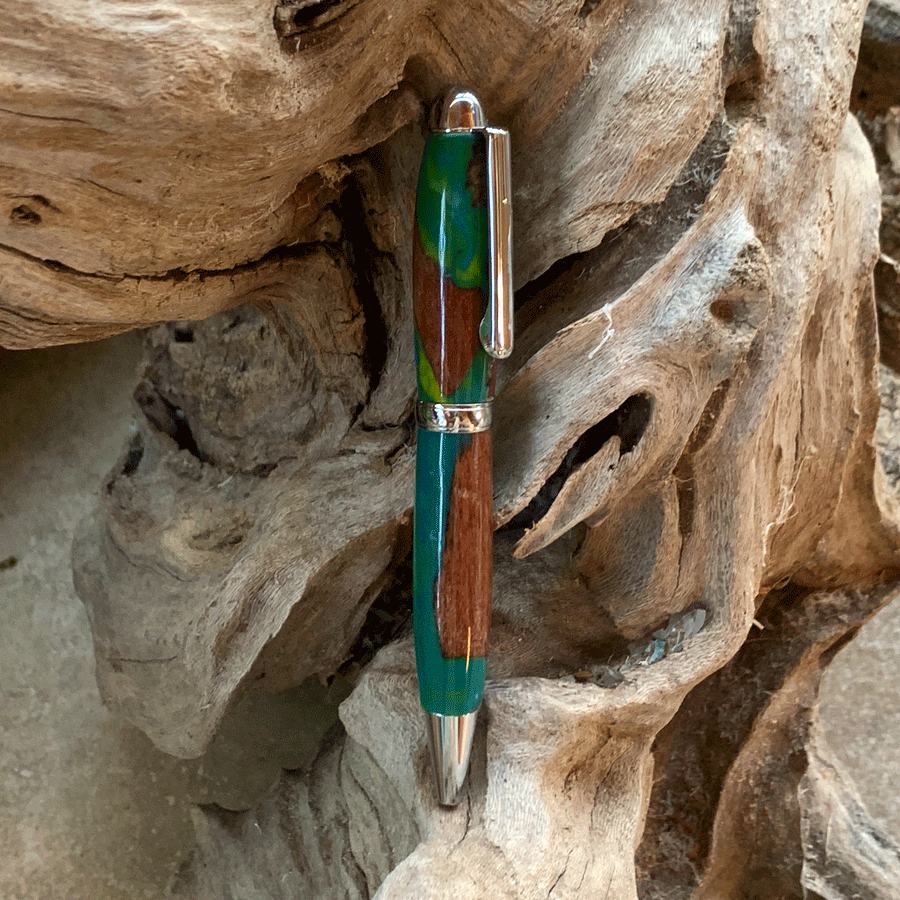 Driftwood and green and yellow resin pen