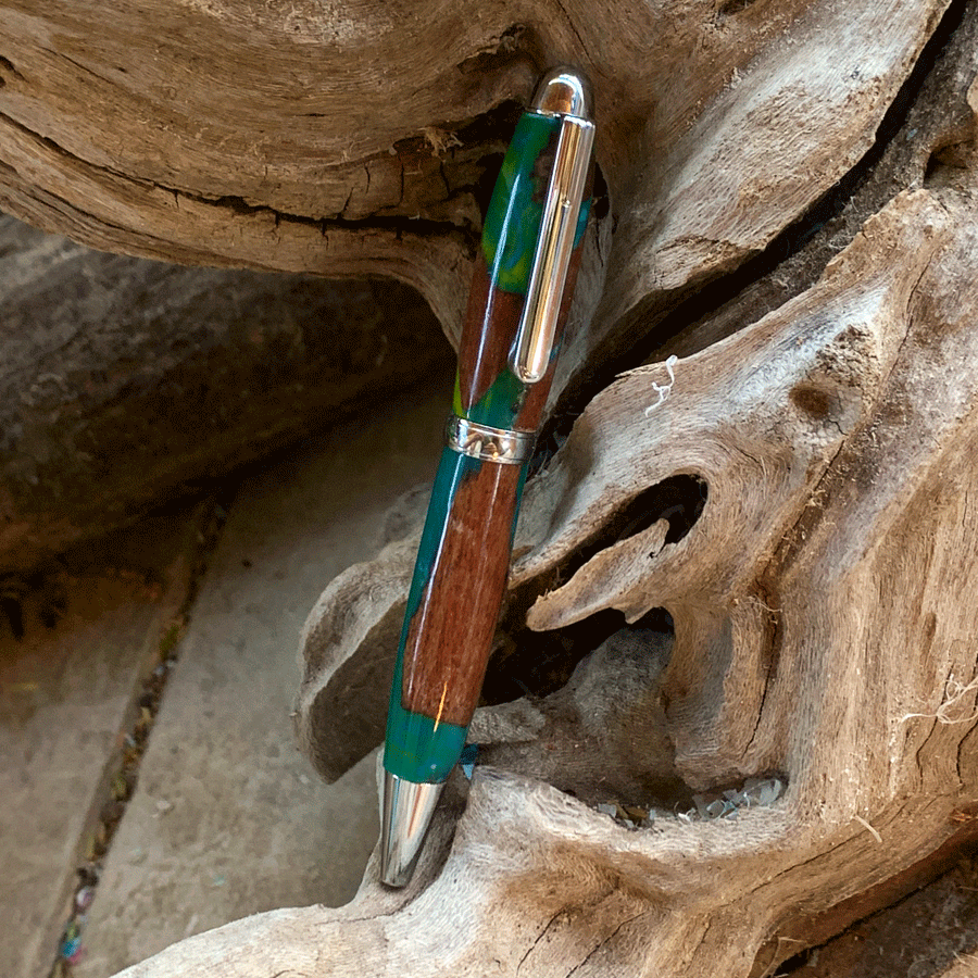 Driftwood and green and yellow resin pen