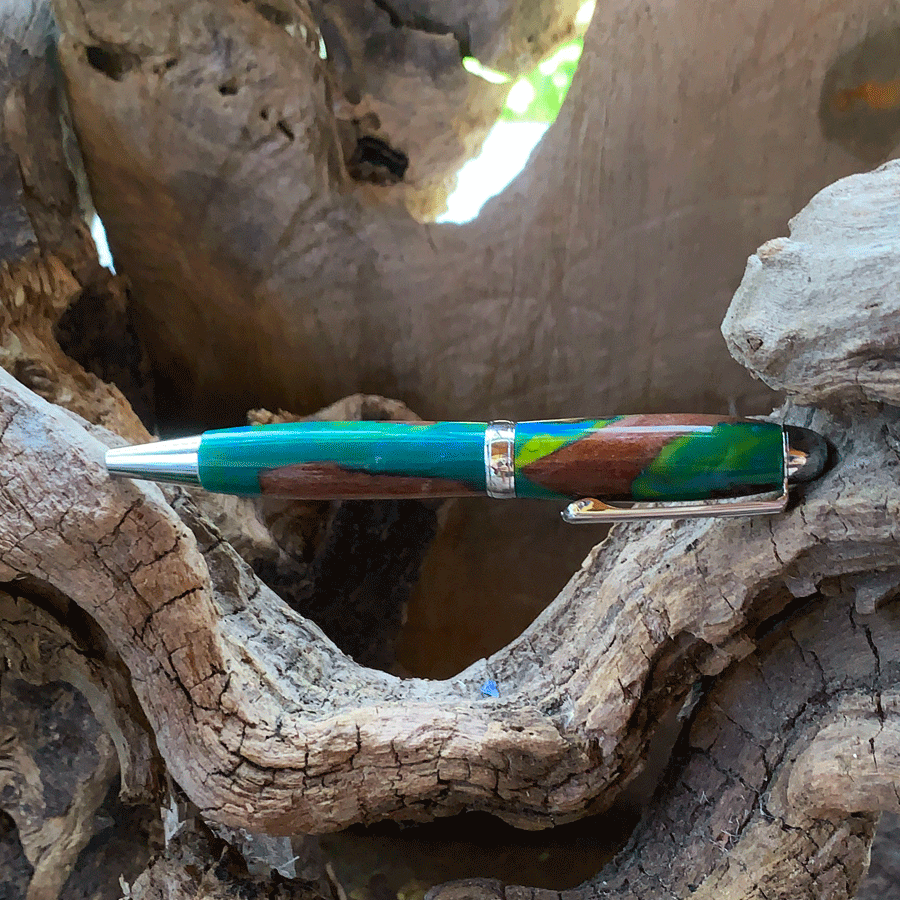 Driftwood and green and yellow resin pen