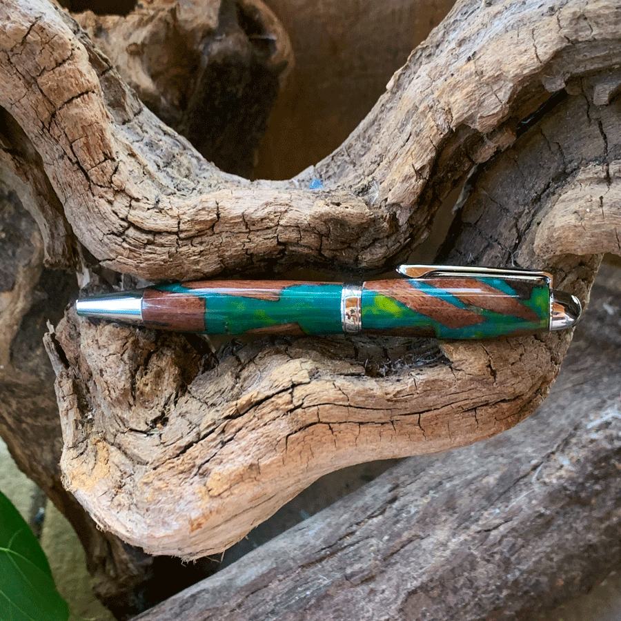 Driftwood and green and yellow resin pen