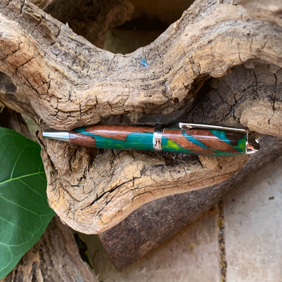 Driftwood and green and yellow resin pen