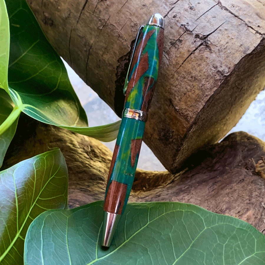 Driftwood and green and yellow resin pen