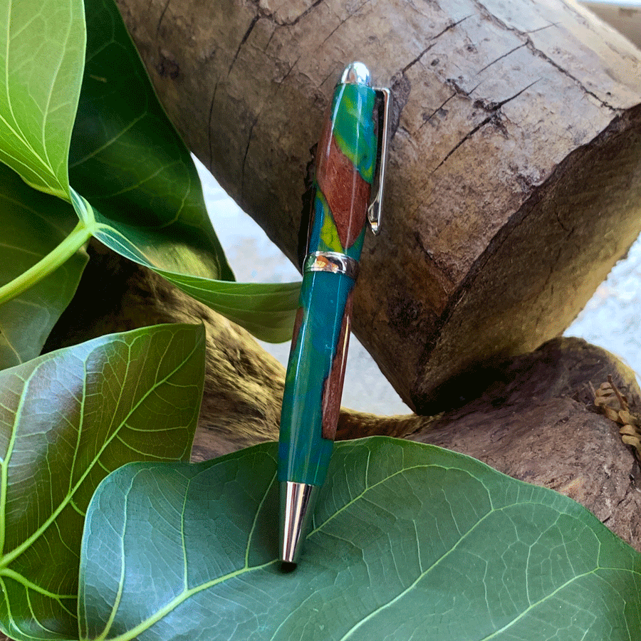 Driftwood and green and yellow resin pen