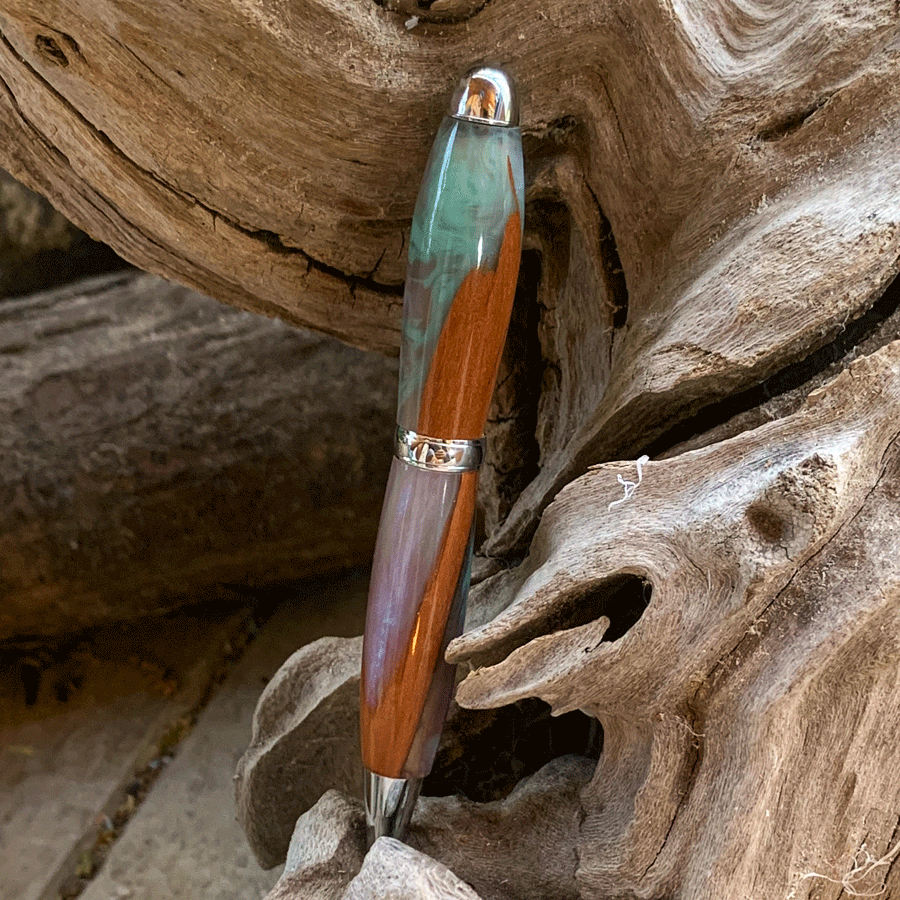 Driftwood and turquoise and purple resin pen