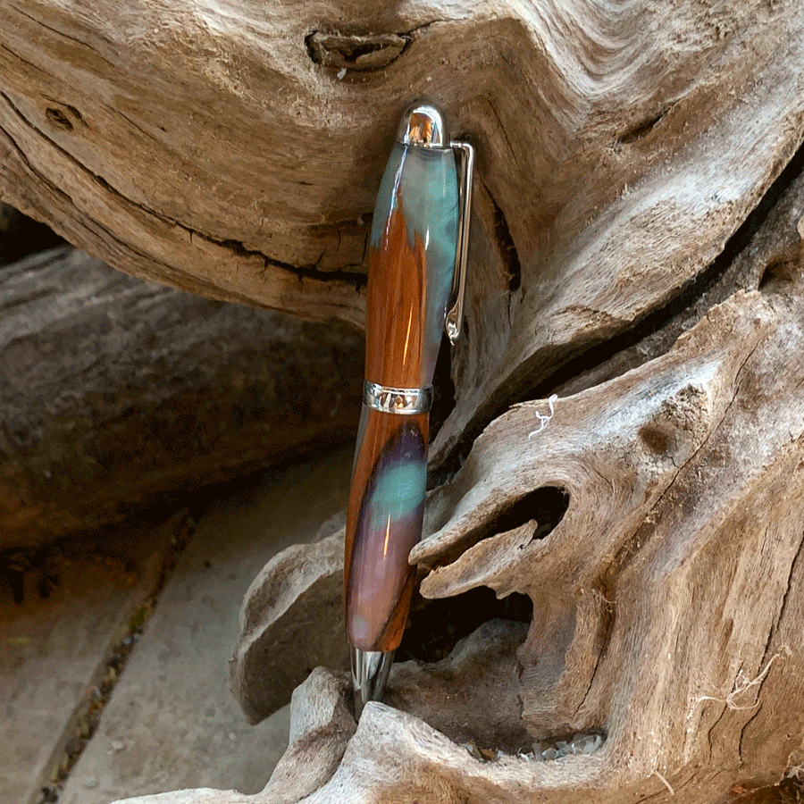 Driftwood and turquoise and purple resin pen