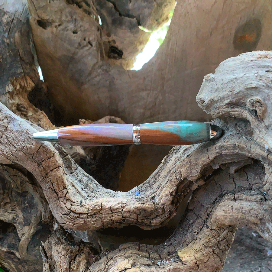 Driftwood and turquoise and purple resin pen