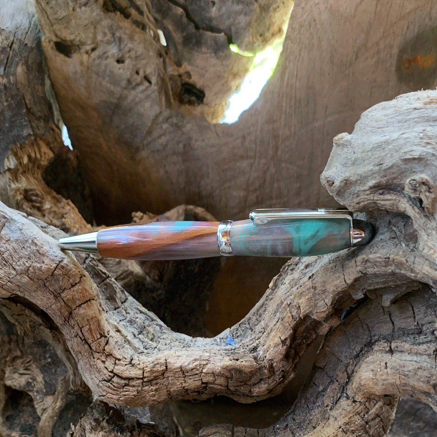 Driftwood and turquoise and purple resin pen