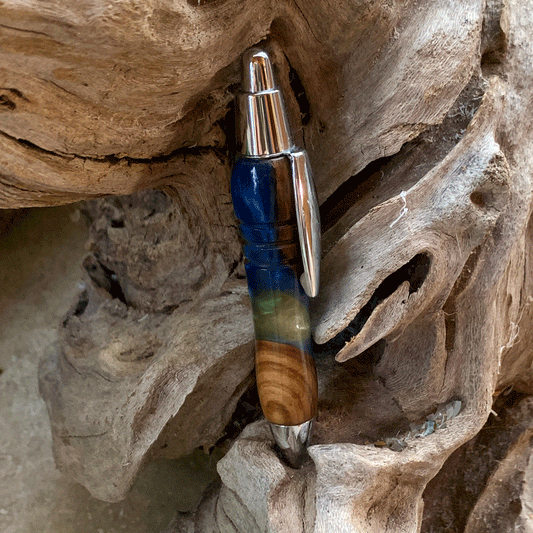 Driftwood and yellow and blue resin pen