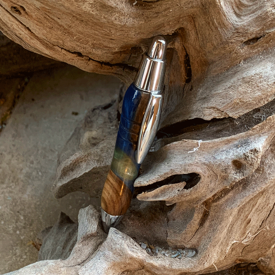 Driftwood and yellow and blue resin pen