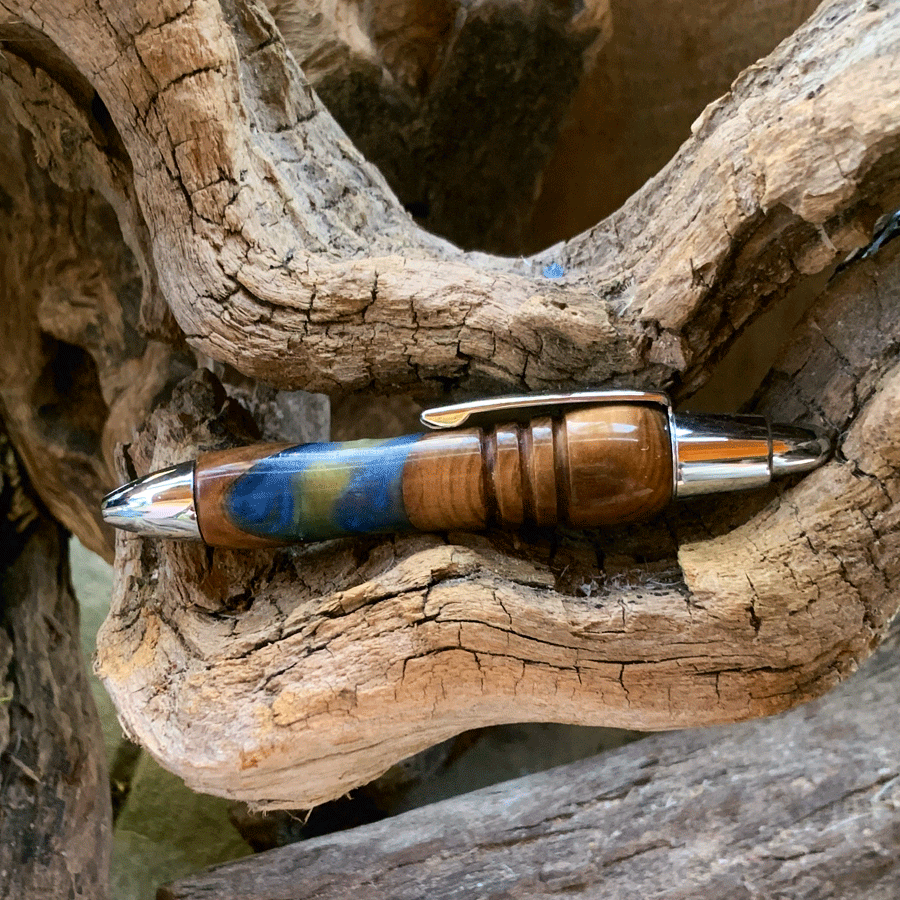 Driftwood and yellow and blue resin pen