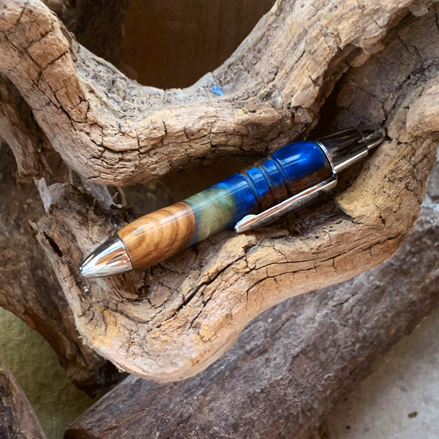 Driftwood and yellow and blue resin pen