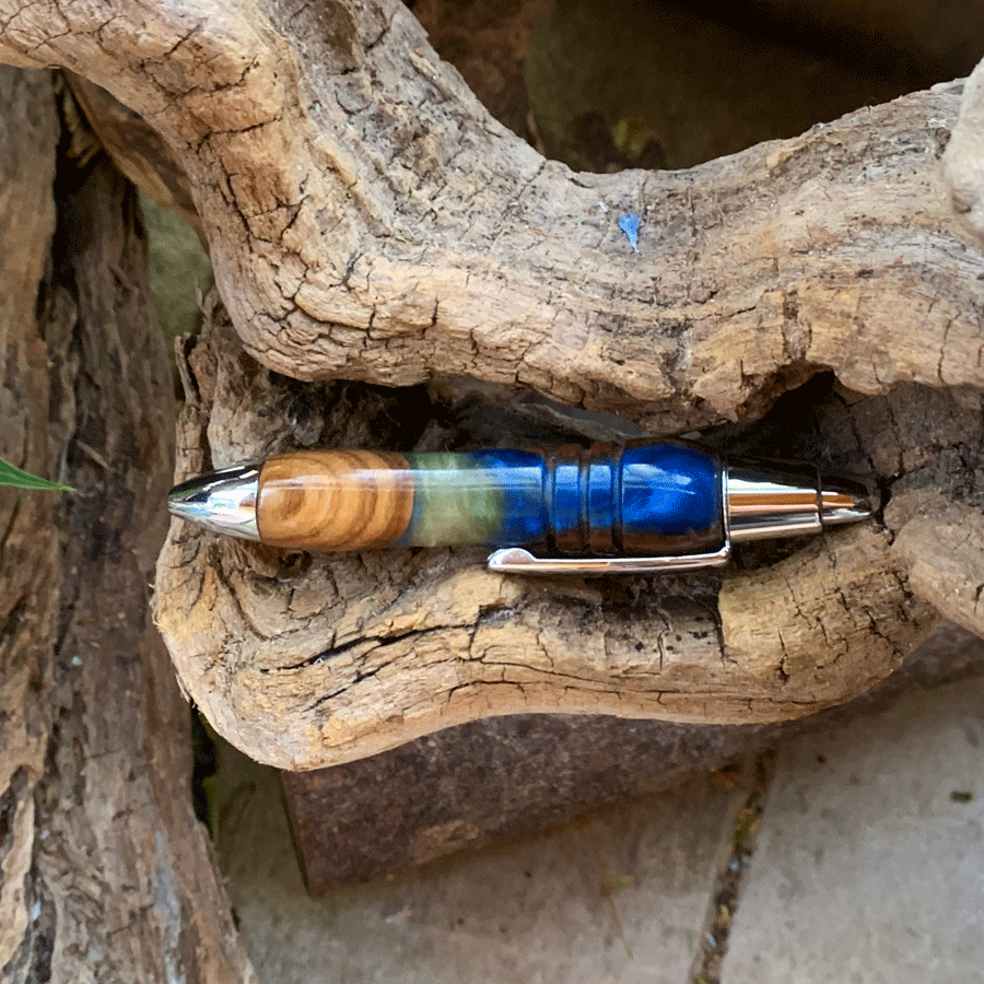 Driftwood and yellow and blue resin pen