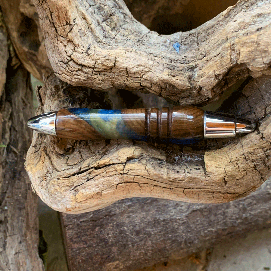 Driftwood and yellow and blue resin pen