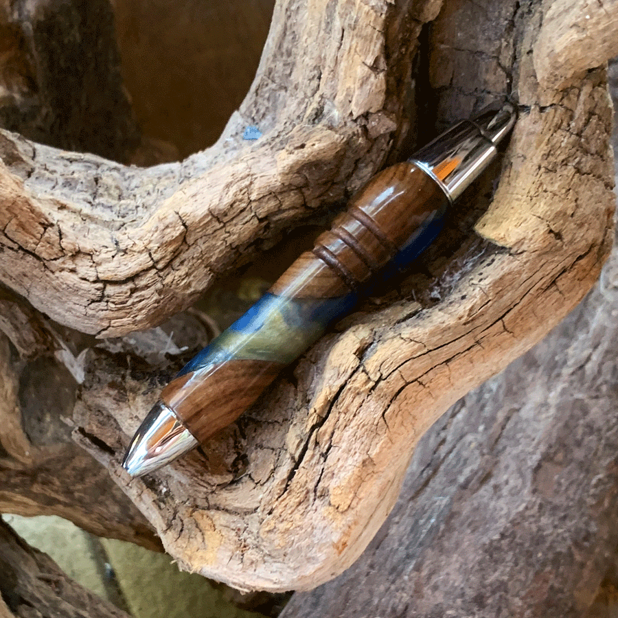 Driftwood and yellow and blue resin pen