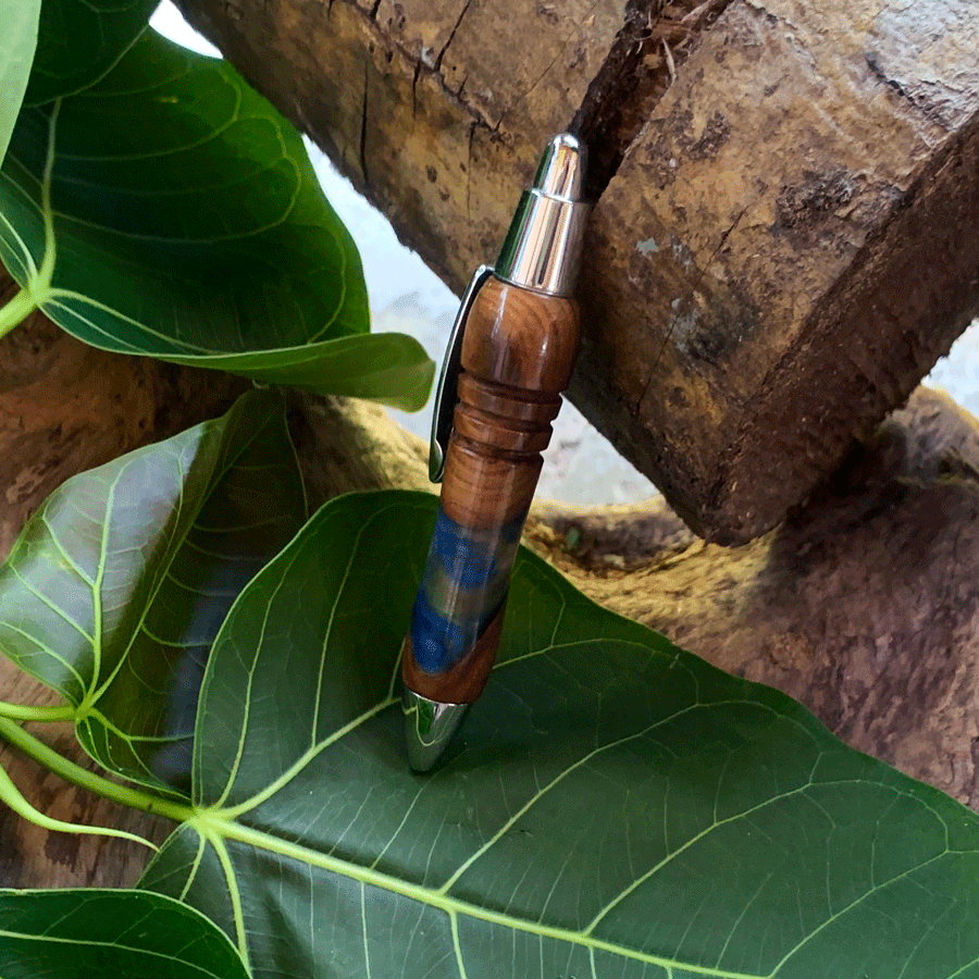 Driftwood and yellow and blue resin pen