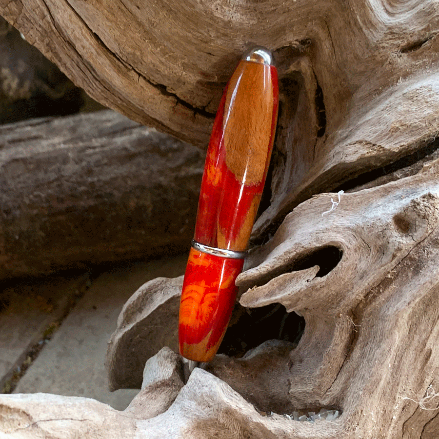 Driftwood and yellow and red resin pen