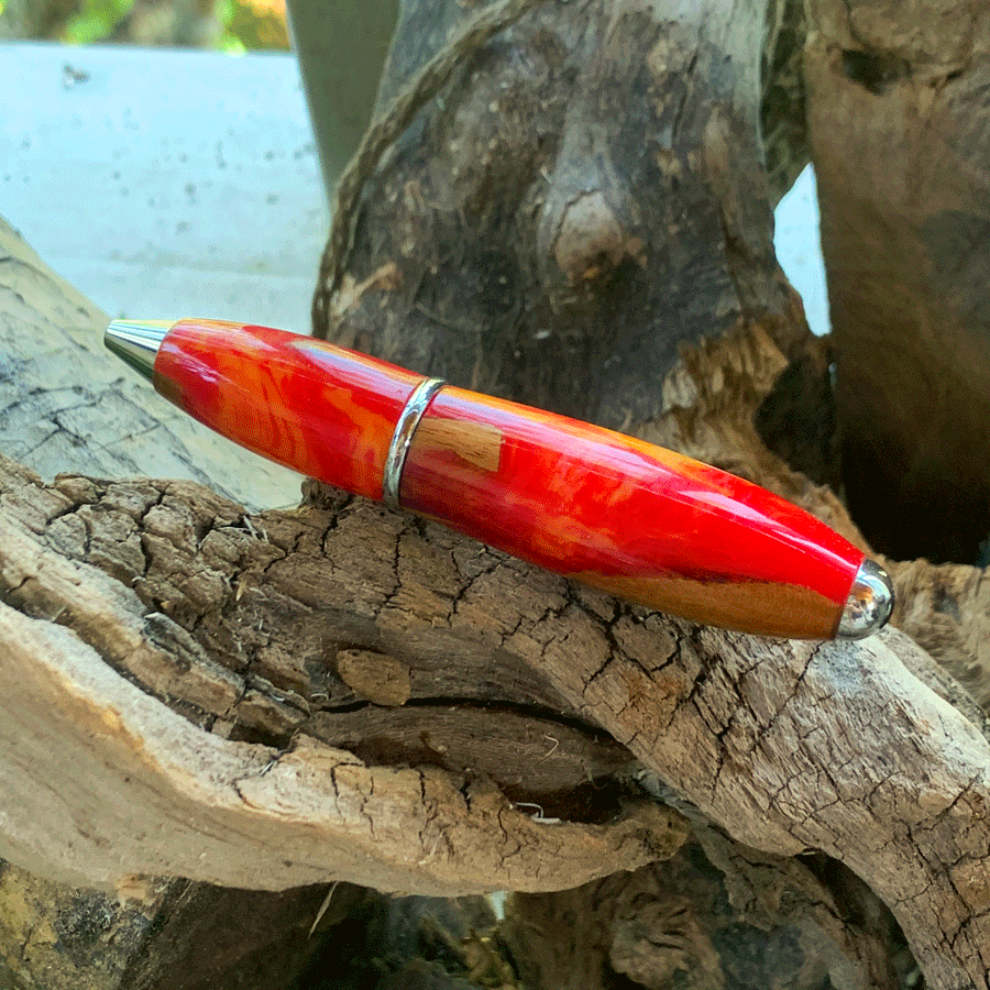 Driftwood and yellow and red resin pen