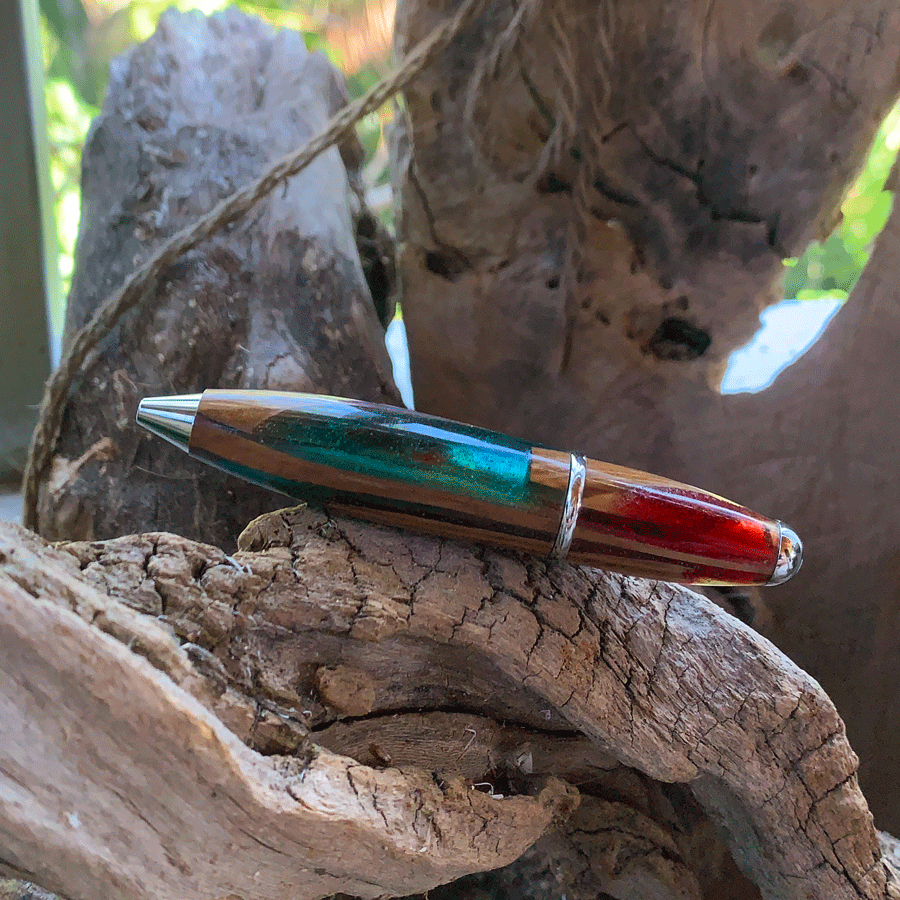 Driftwood and rainbow coloured resin pen