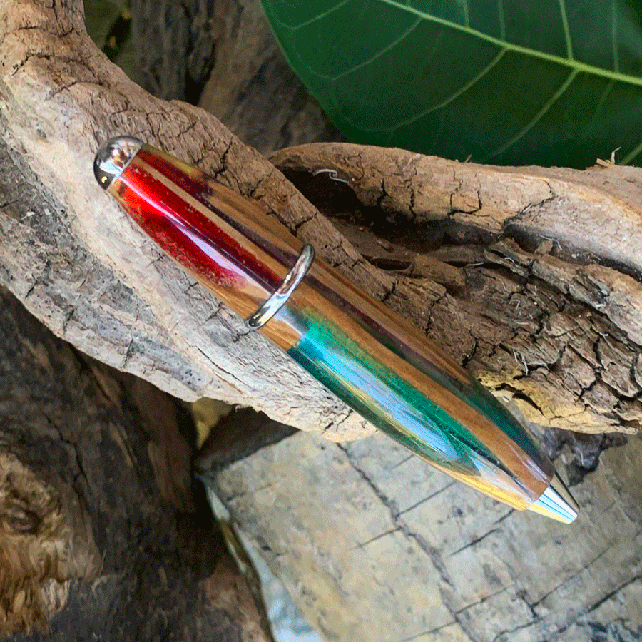 Driftwood and rainbow coloured resin pen