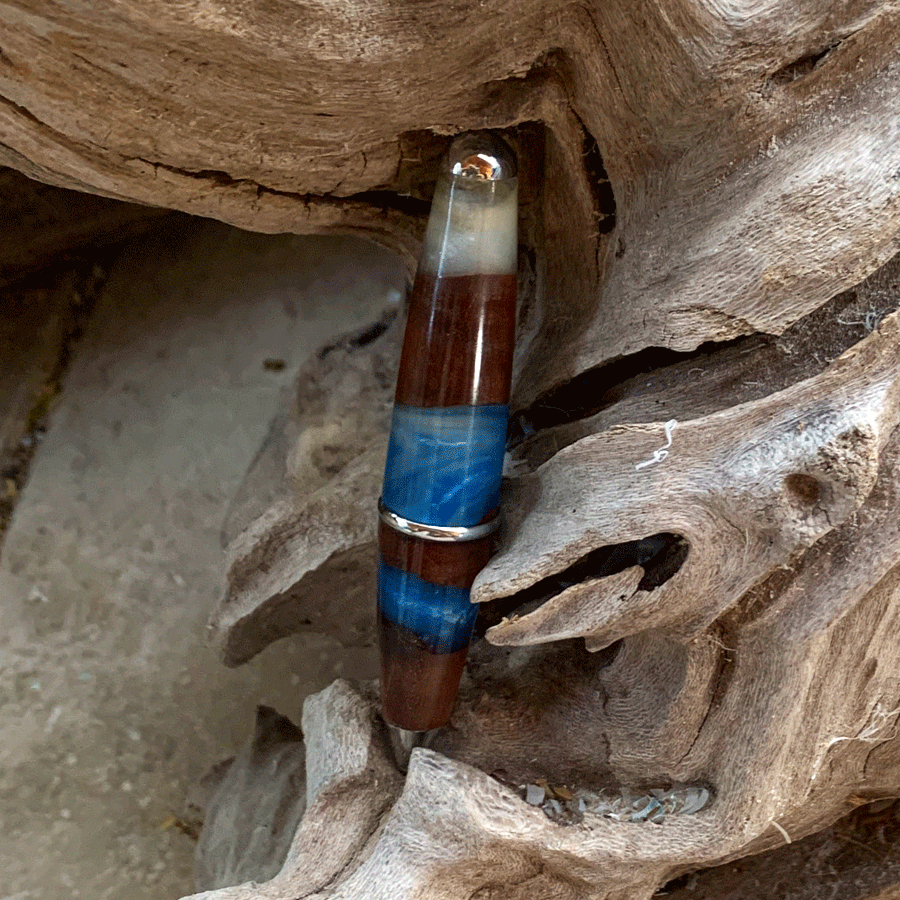 Driftwood and blue and white resin pen