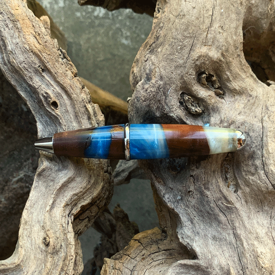 Driftwood and blue and white resin pen