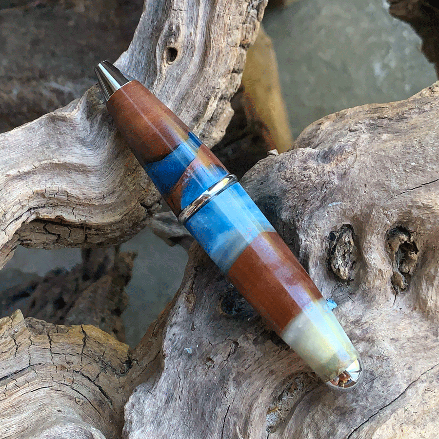 Driftwood and blue and white resin pen