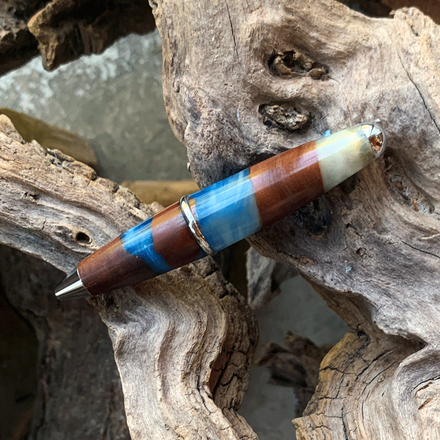 Driftwood and blue and white resin pen