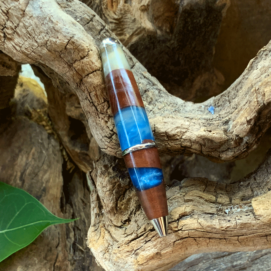 Driftwood and blue and white resin pen