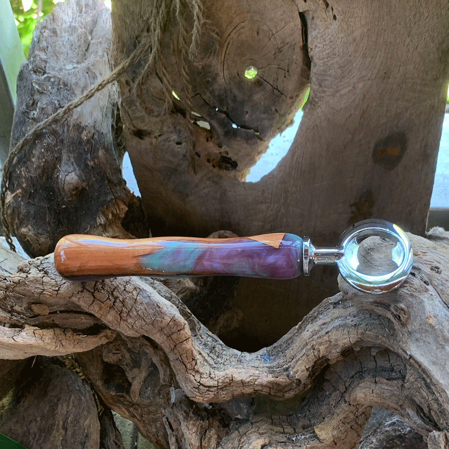 Driftwood and turquoise and purple resin bottle opener