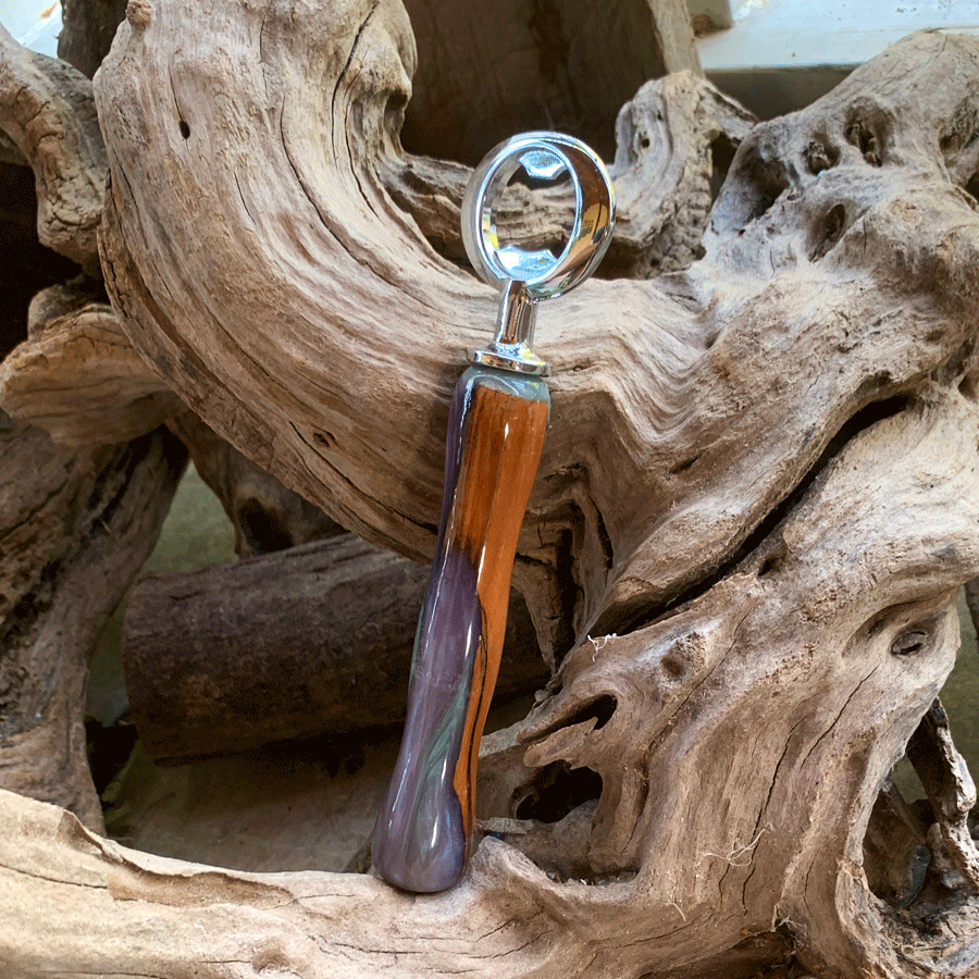 Driftwood and turquoise and purple resin bottle opener