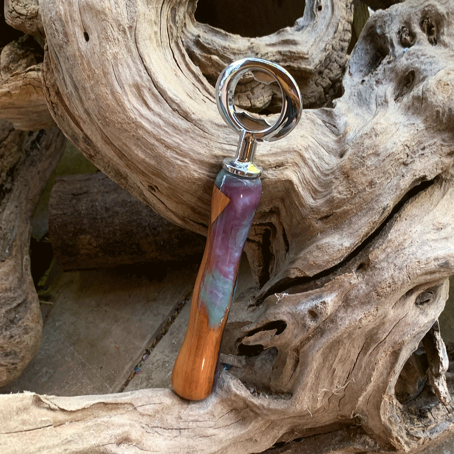 Driftwood and turquoise and purple resin bottle opener