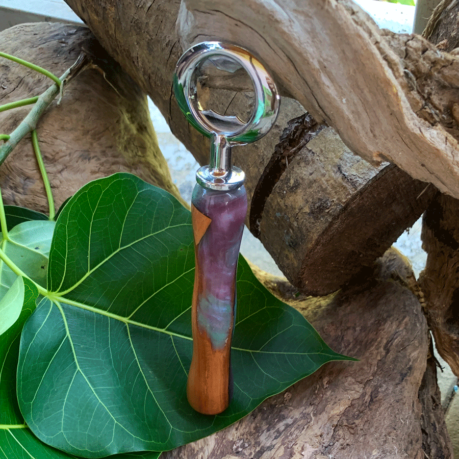 Driftwood and turquoise and purple resin bottle opener