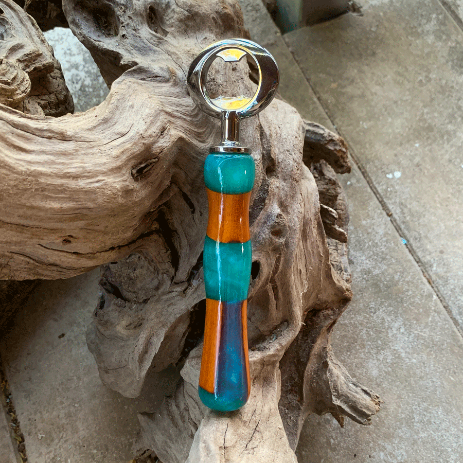 Driftwood and turquoise resin bottle opener