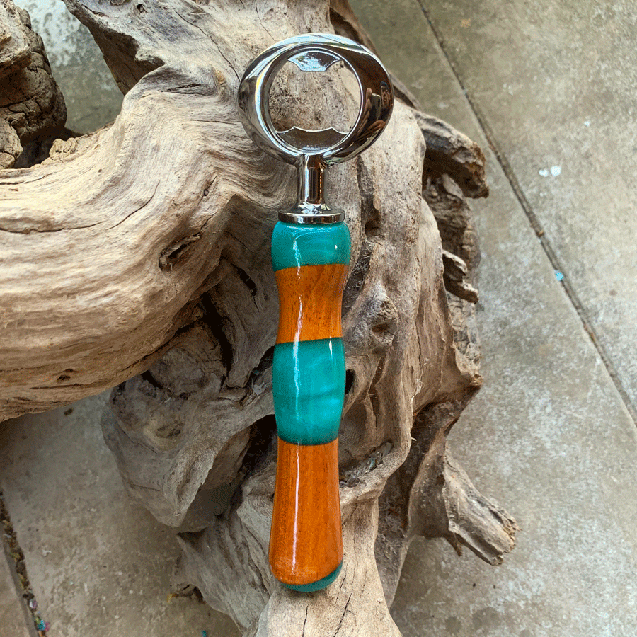 Driftwood and turquoise resin bottle opener