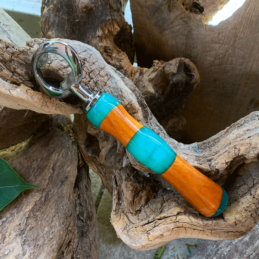 Driftwood and turquoise resin bottle opener