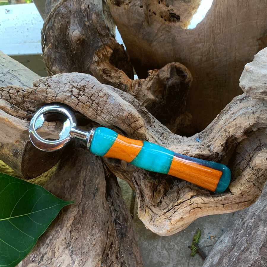 Driftwood and turquoise resin bottle opener