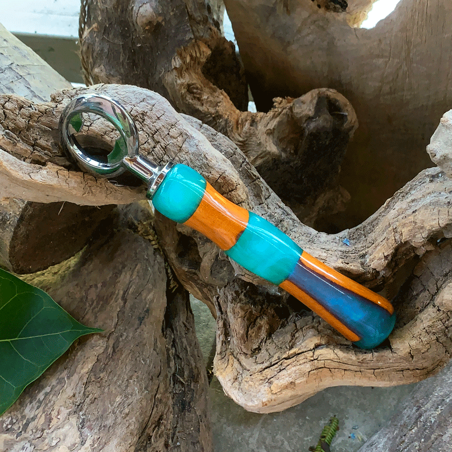 Driftwood and turquoise resin bottle opener